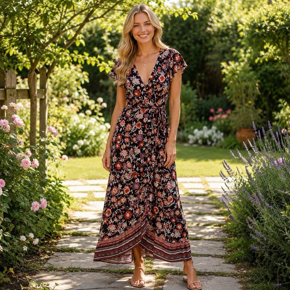 Band Of Gypsies Floral Cap Sleeve Deep Slit Maxi Dress Cottagecore Milk Maid M